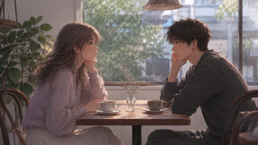 明るいカフェで向かい合って話す男女。刺激のない日常で恋の本物度を確かめる場面