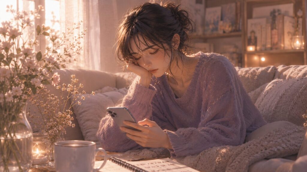 スマホを見つめながら、尽くしても返ってこない恋に疲れた女性がソファでうつむくイラスト