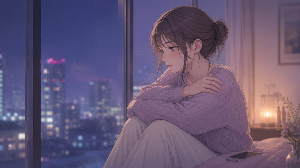夜の窓辺でスマホをそばに置き、不安そうに外を見つめる女性