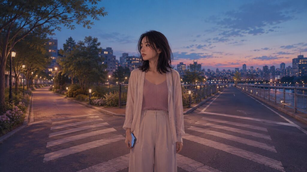 夕暮れの分かれ道に立ち、スマートフォンを下ろして次の行き先を考える女性