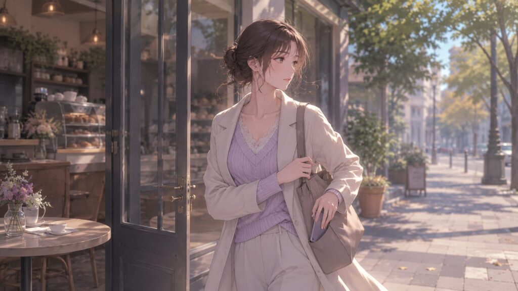 カフェの入口でスマホをバッグにしまい、前を向いて歩き出す女性