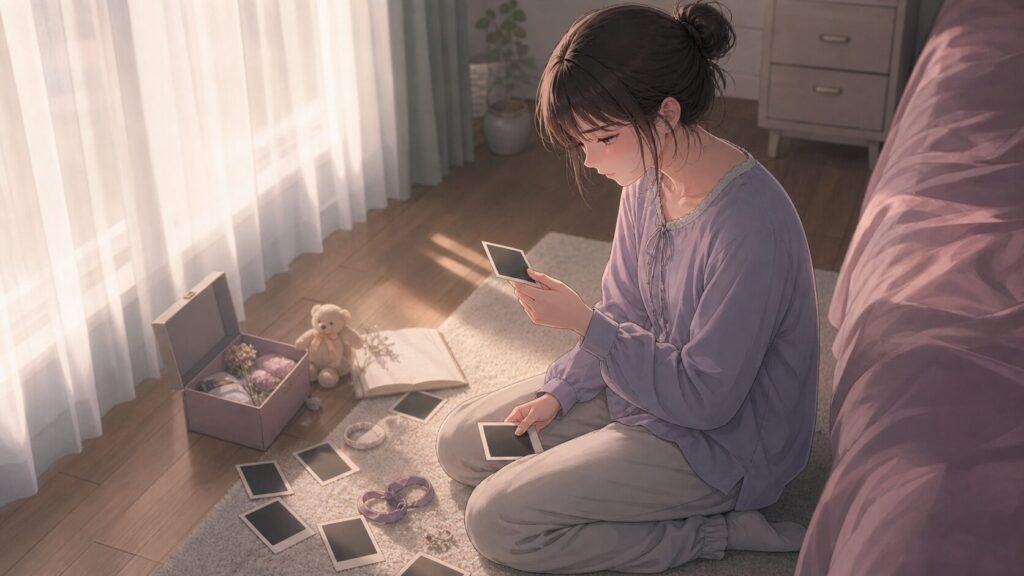 蛙化現象を繰り返す理由として、自分の恋愛パターンを見直す女性のイラスト