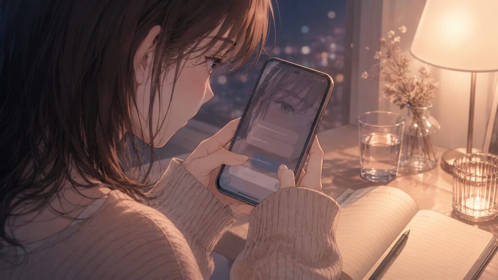 彼氏に追いLINEを送る直前で指を止める女性の手元を描いたイラスト