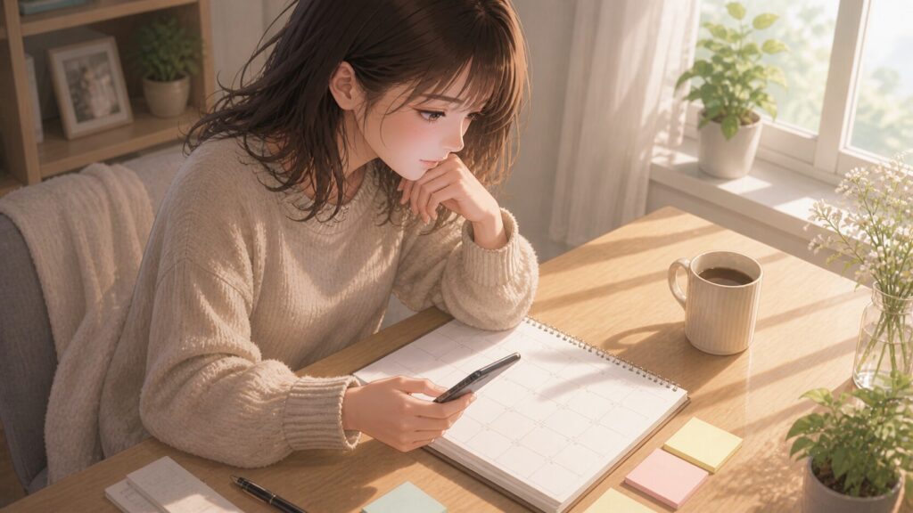彼氏の既読無視が冷めたサインかを見極めるため、スマホとカレンダーを見比べて考える女性のイラスト