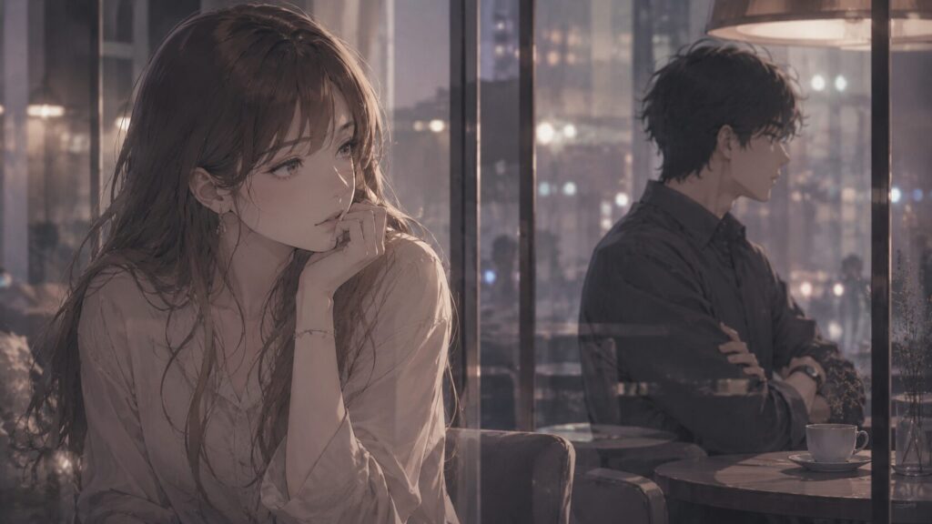男性の曖昧な態度を見ながら、本音を読み違えないよう考える女性のイラスト