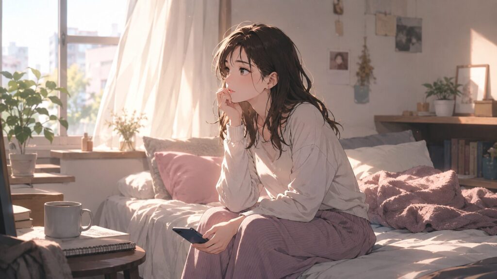 朝の柔らかな光が差し込む部屋で、スマホを手に自分の恋愛傾向を見つめ直す女性のイラスト