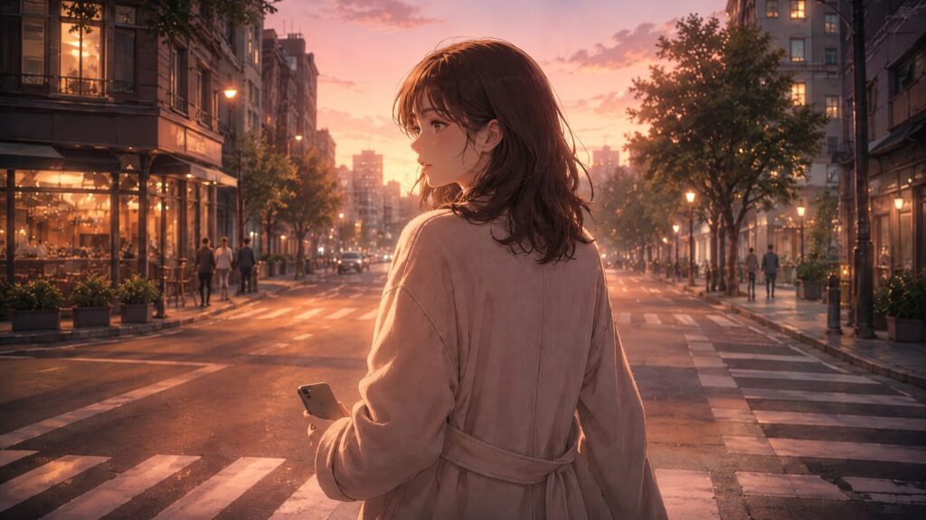 彼氏との関係を続けるか距離を置くか、街角で選択を考える女性のイラスト