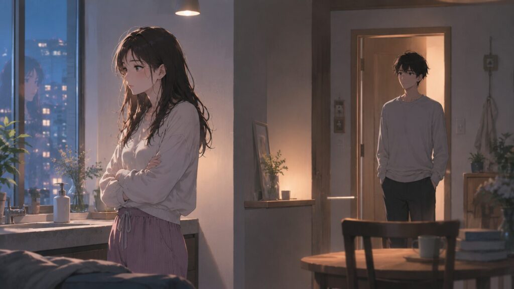 夜の部屋で窓辺に立ち、近づこうとする相手から距離を置く女性のイラスト