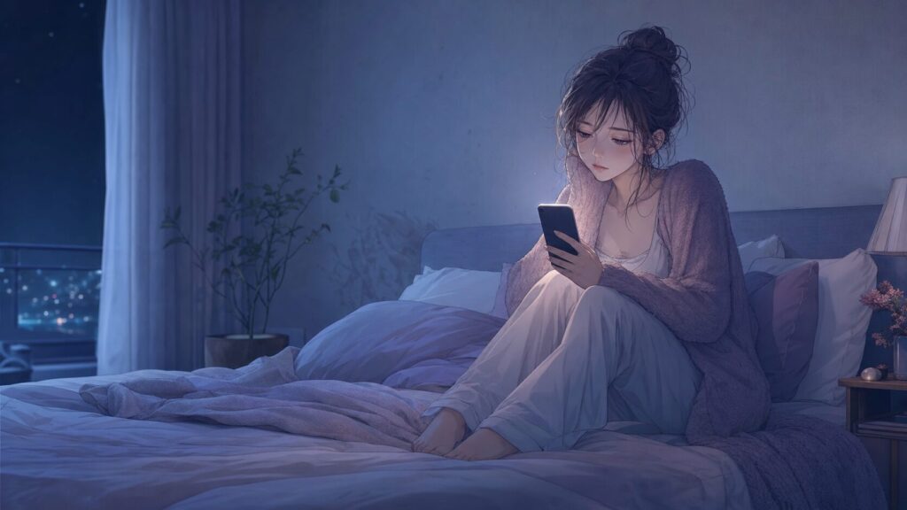 彼氏から連絡こない不安でSNSやスマホ確認を繰り返し、疲れた表情を見せる女性のイラスト