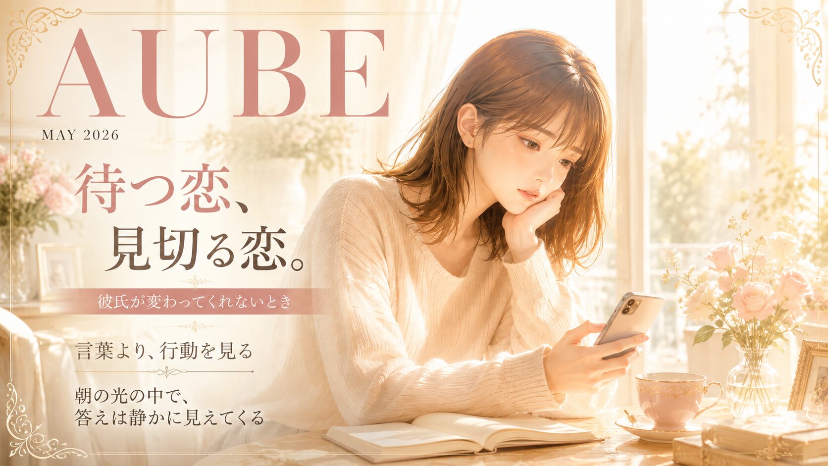 朝日に包まれた部屋でスマホを見つめながら、彼氏が変わってくれない恋を待つべきか見切るべきか迷う女性