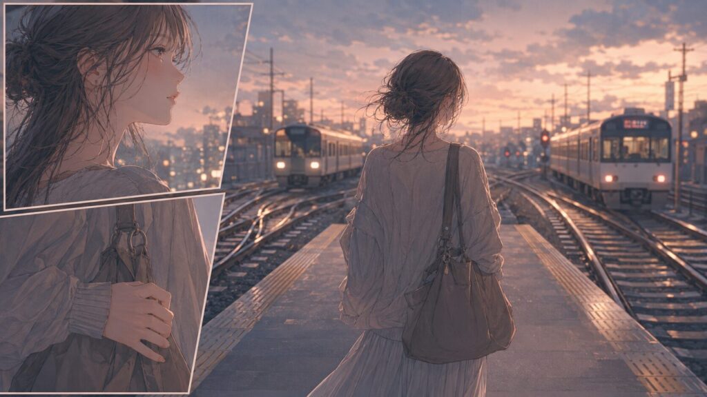 駅のホームで分かれる線路を前に、恋愛の距離感を見極めようとする女性のイラスト