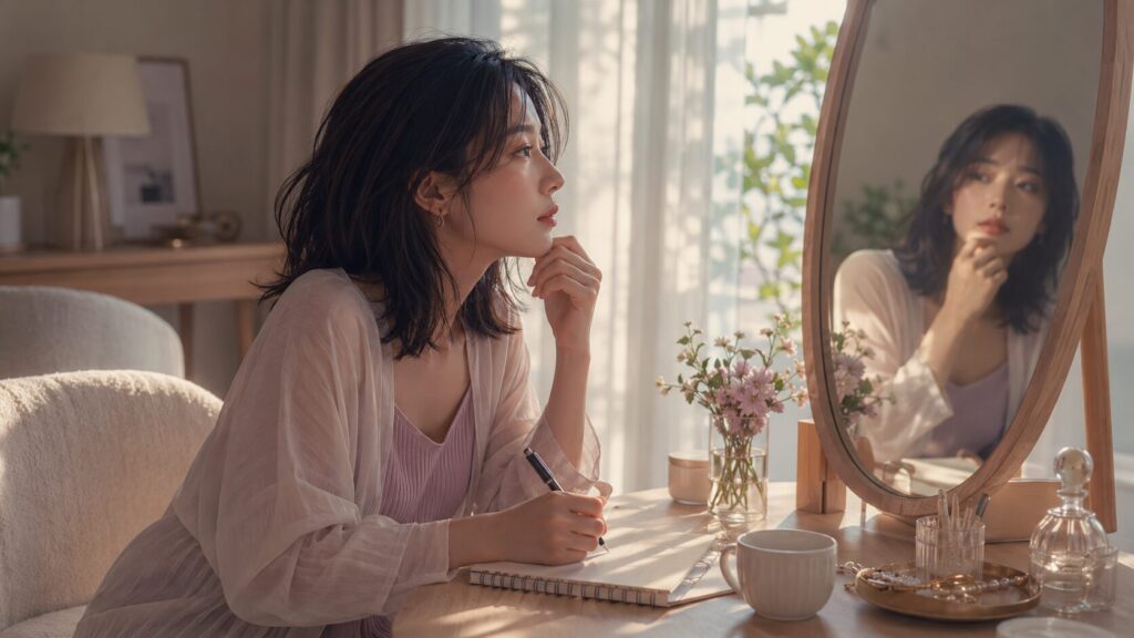 朝の光が入る部屋でノートに向かい、鏡越しに自分の気持ちを見つめ直す女性