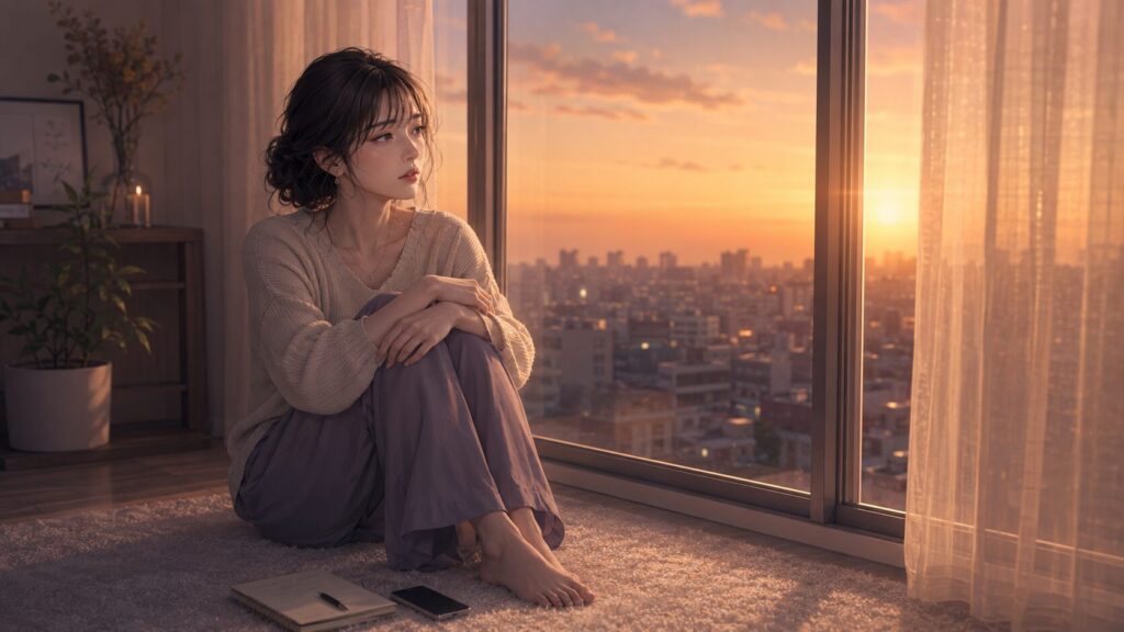 夕方の窓辺で、彼氏との関係を続けるか静かに考える女性のイラスト