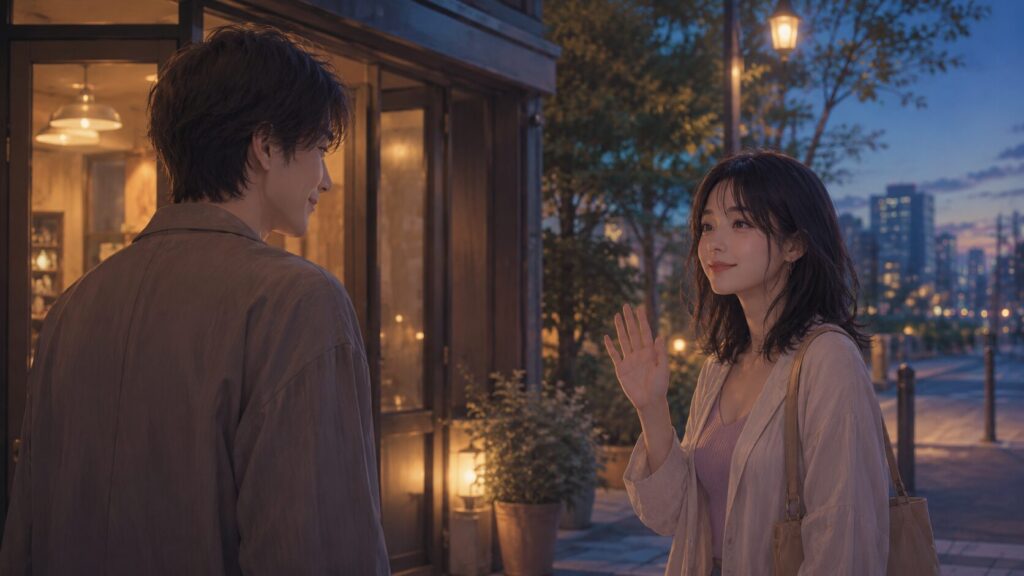 夕暮れの街角でデート後に穏やかに手を振り合う男女