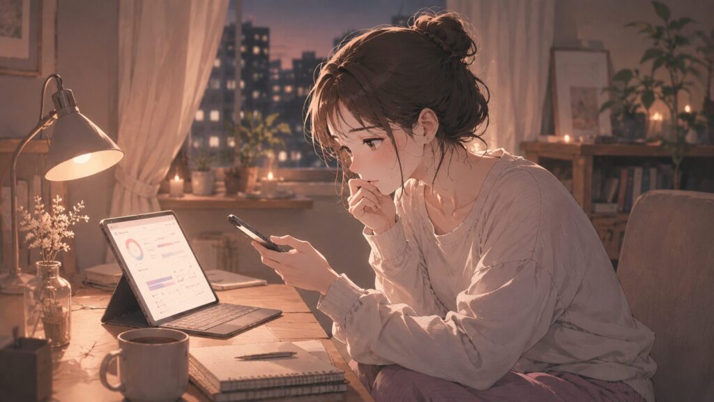 夜のデスクで診断結果を確認しながら、執着と回避の傾向を冷静に見つめる女性のイラスト