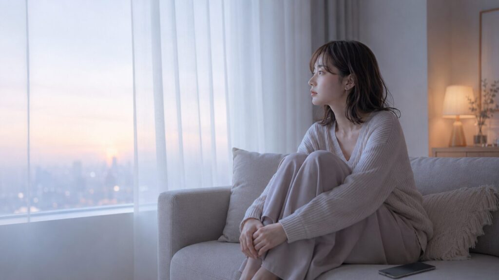 感情的なLINEを送る前にスマホを伏せ、朝の窓辺で気持ちを落ち着かせる女性