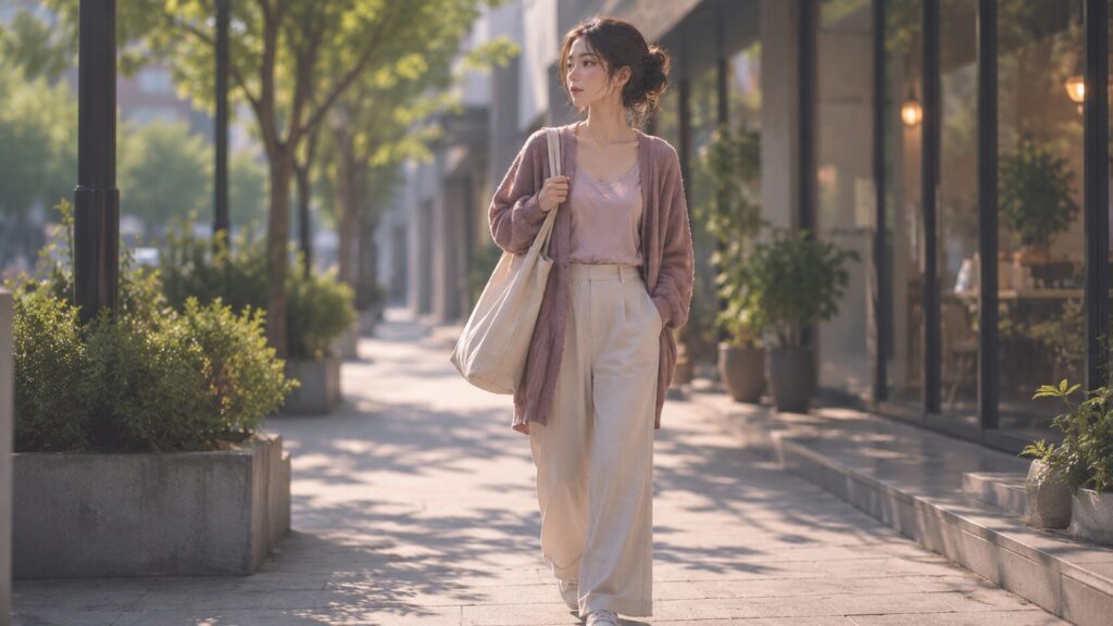 明るい街を歩きながら、自分の人生を前に進めようとする女性