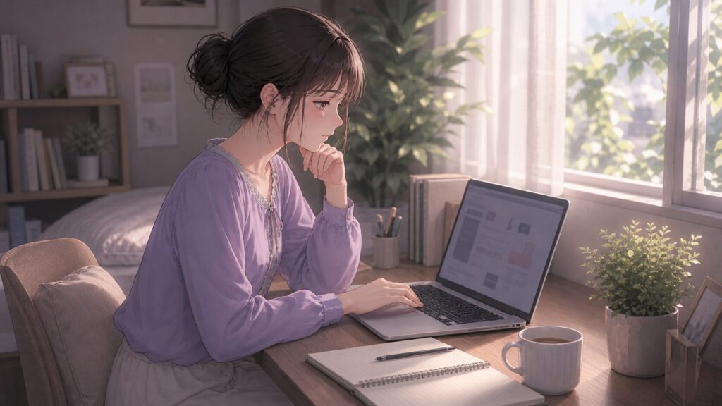 蛙化現象で悩む女性が、朝の部屋で関連記事や相談サービスを探して次の行動を考えるイラスト