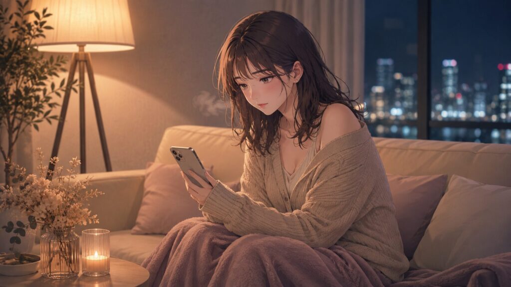 彼氏へ送るLINEを落ち着いて考える女性のイラスト