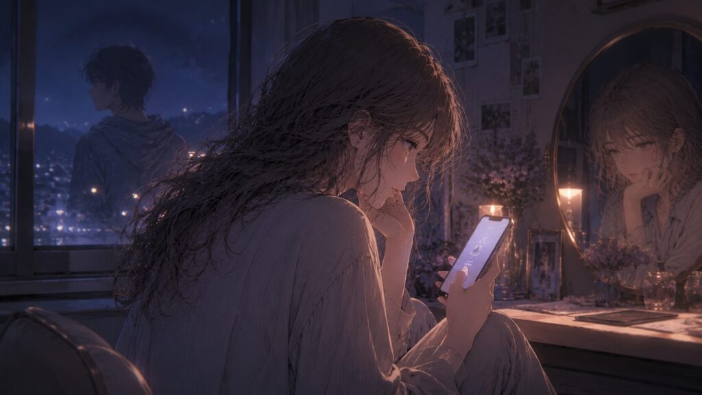 夜の部屋でスマホを見つめながら、相手の返信や態度の意味を考え込む女性のイラスト