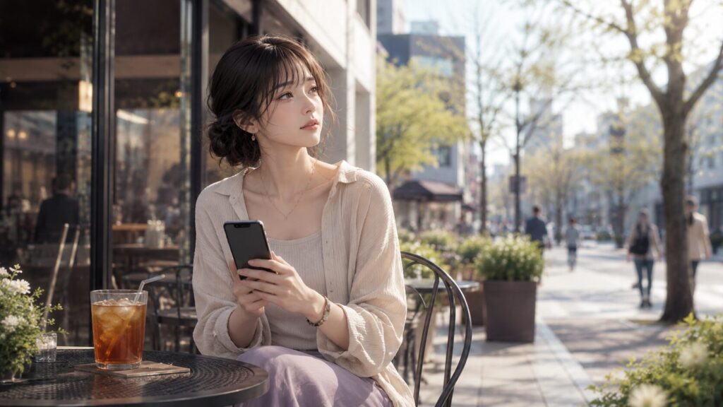 街中のカフェテラスでスマホを置き、少し前向きな表情で外を見つめる女性のイラスト