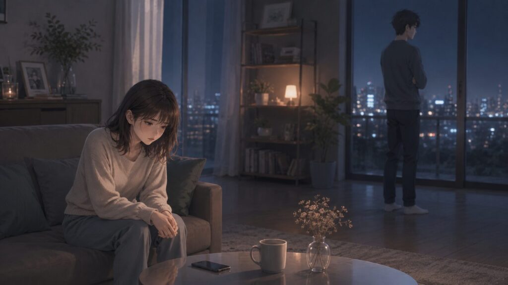 夜のリビングで彼氏に背を向けられ、変わらない恋に心をすり減らす女性