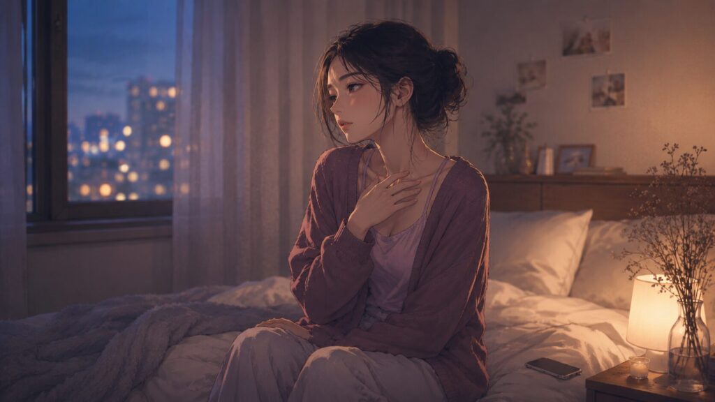 ベッドに座りながら胸に手を当て、追われる女になる意味を静かに考える女性