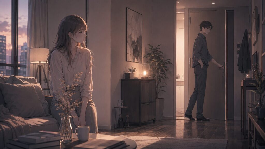 部屋の入口で距離を取る男性と、その態度を見つめる女性のイラスト