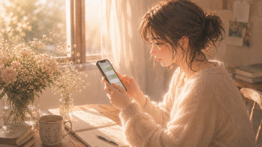 明るい部屋でスマホを見ながら、相手に返しやすいLINEを考える女性のイラスト