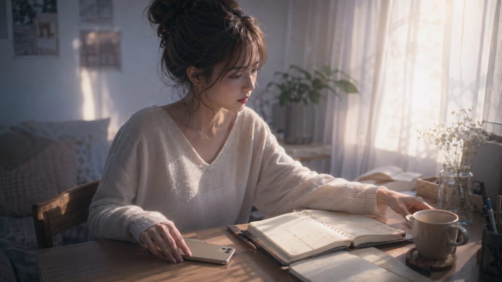 スマホと手帳の前で彼氏中心の生活から自分の時間を取り戻そうとする女性のイラスト