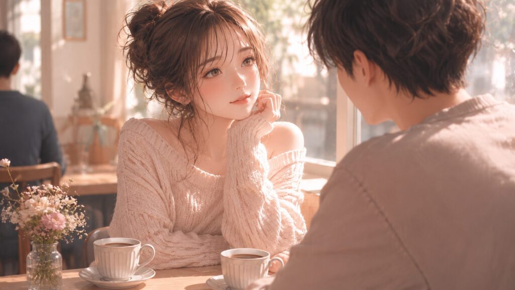 カフェで好きな男性に好意が伝わり始めた瞬間を描いた、好きバレのメカニズムを象徴するイラスト