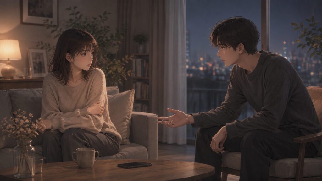 夜のリビングで向き合いながら、彼氏の言葉ではなく行動を見極めようとする女性