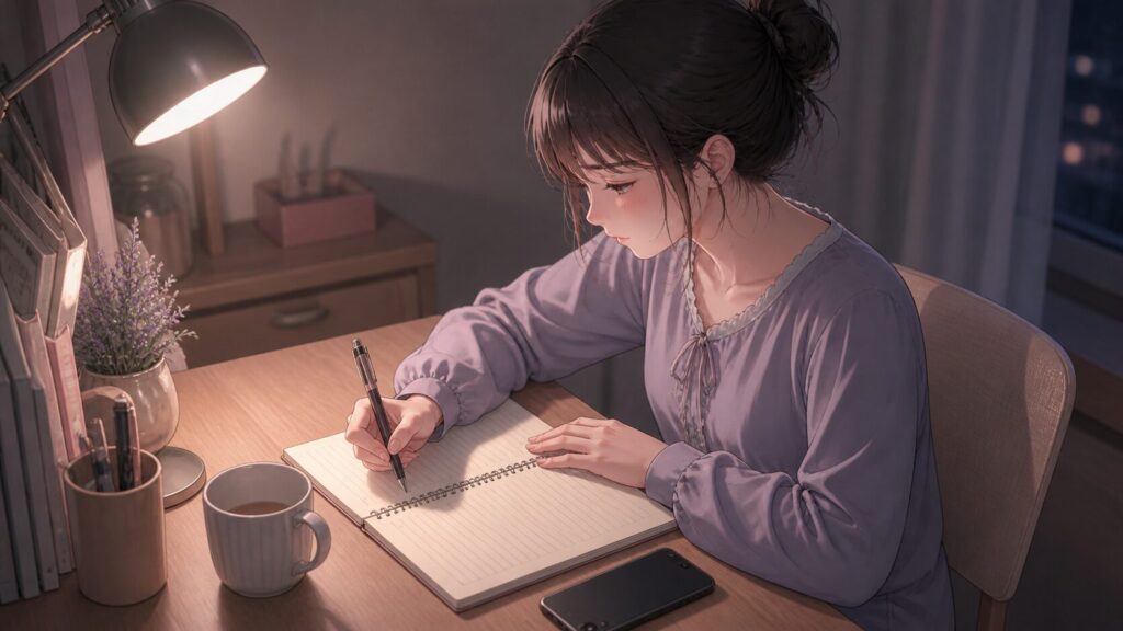 蛙化現象への罪悪感を整理するため、夜の机で自分の気持ちを書き出す女性のイラスト