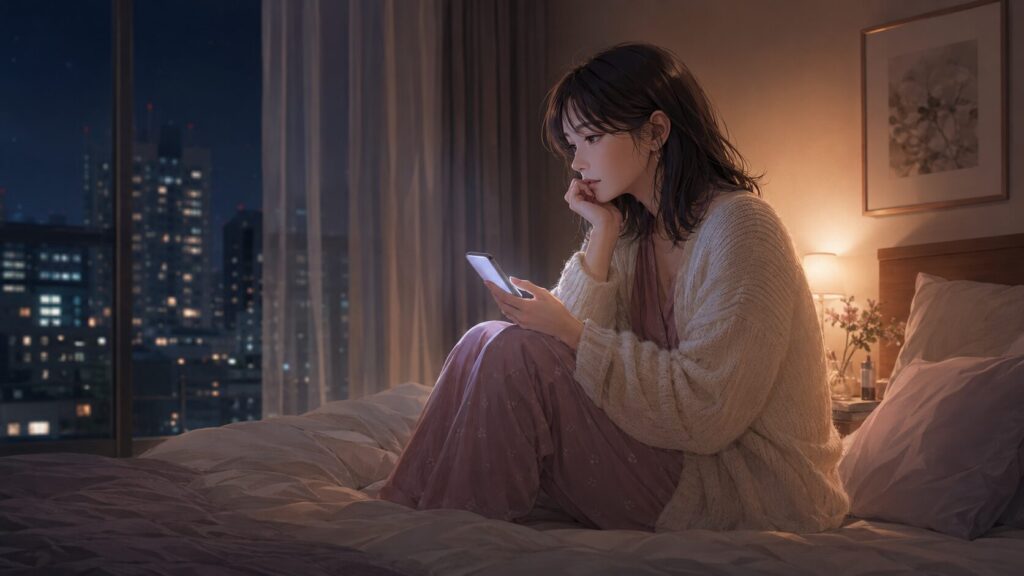夜のベッドでスマホを握りしめ、ミラーリングで変に思われたかもしれないと不安になる女性のイラスト
