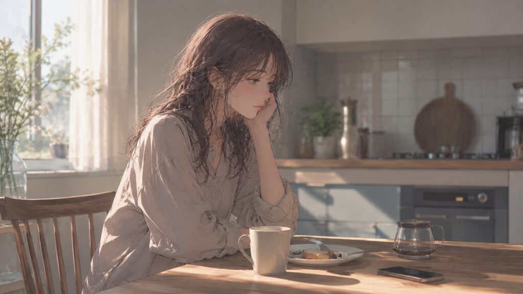 朝のキッチンでスマホを横に置き、昨日の恋の余韻を静かに考える女性のイラスト