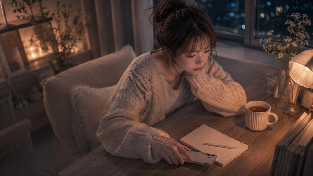 不安な夜にスマホを伏せて追いLINEを止めようとする女性のイラスト