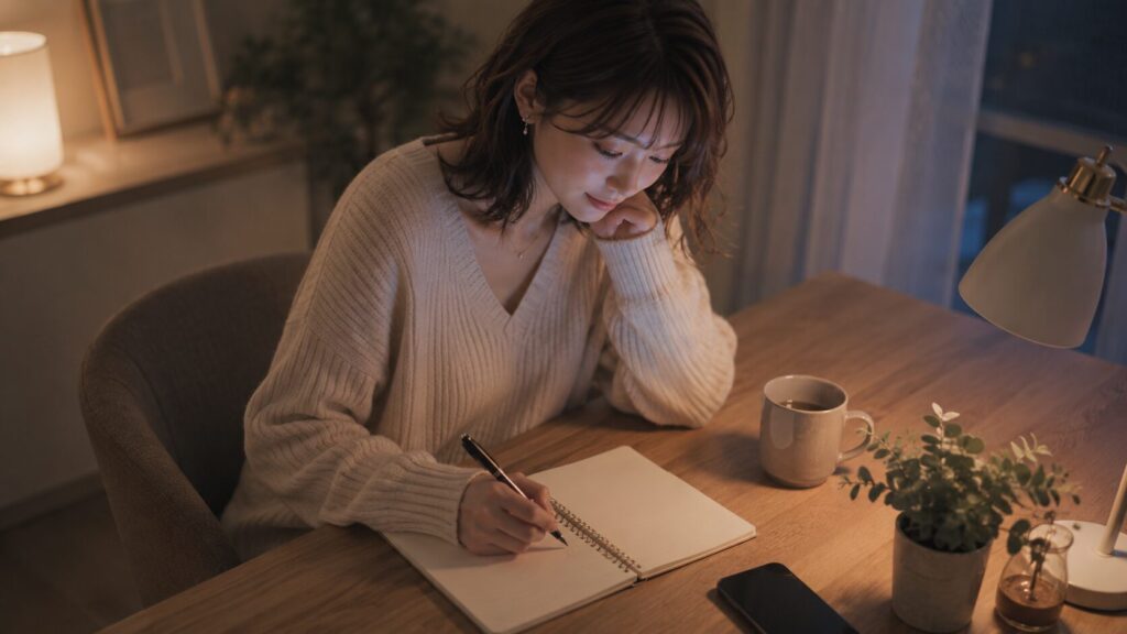 彼氏に不満を伝える前に、ノートへ感情を書き出して怒りと本音を整理する女性