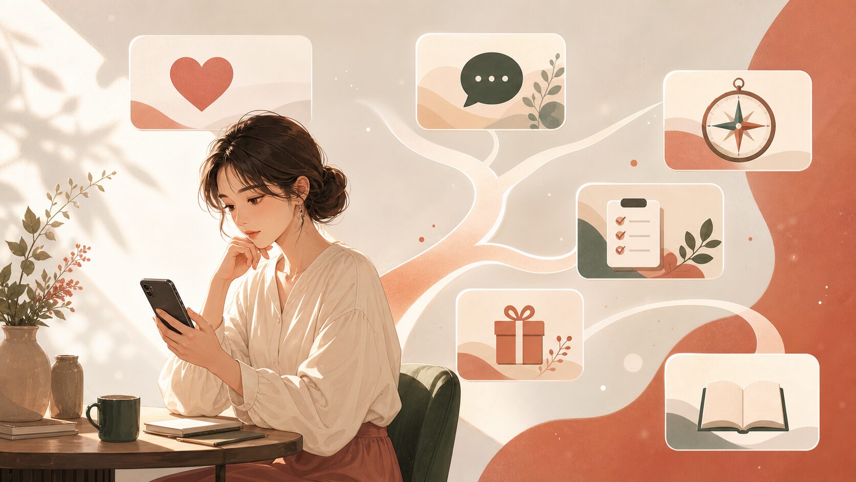 恋愛の迷いを整理する女性と、記事・診断・行動を示すアイコンカードが並ぶイラスト