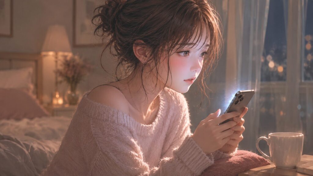 好きバレ後に追いLINEしたくなる不安を抱え、夜の部屋でスマホを握りしめる女性のイラスト