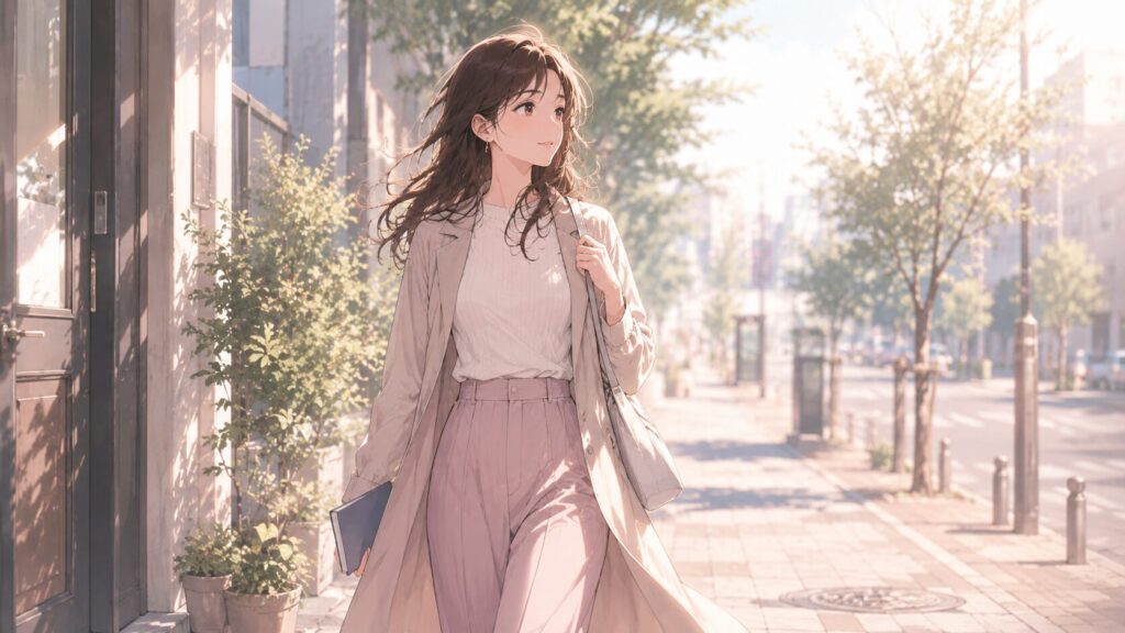 柔らかな朝の街を前向きな表情で歩き出す女性のイラスト