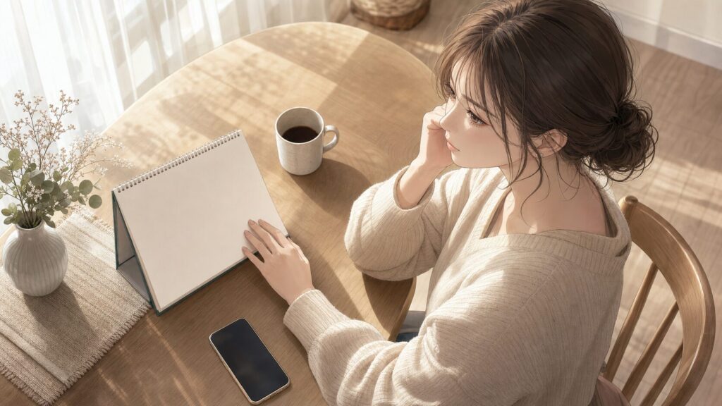 彼氏から連絡こない期間をカレンダーで確認しながら、待つか行動するかを考える女性のイラスト