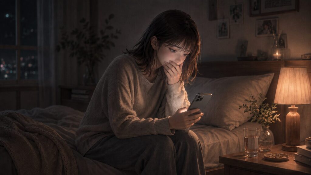 夜のベッドでスマホを見ながら、不安を飲み込み続ける恋に疲れた女性
