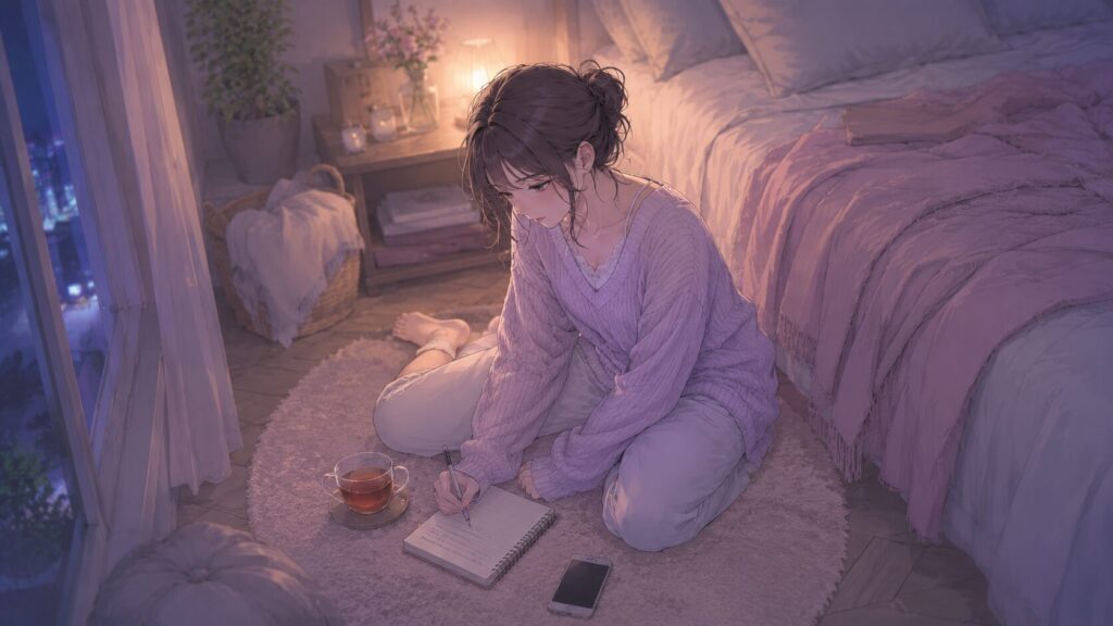 彼氏から連絡がなく不安な夜に、スマホを置いてノートに気持ちを書き出す女性