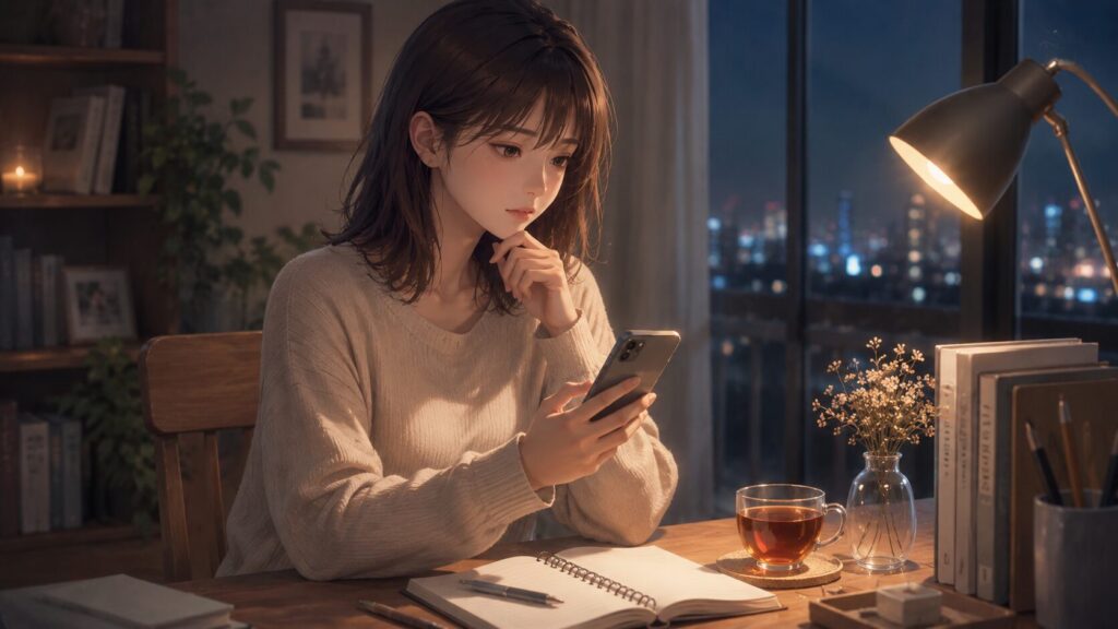 夜の机でノートを開き、彼氏に変わってほしい気持ちをLINEで伝えようとする女性