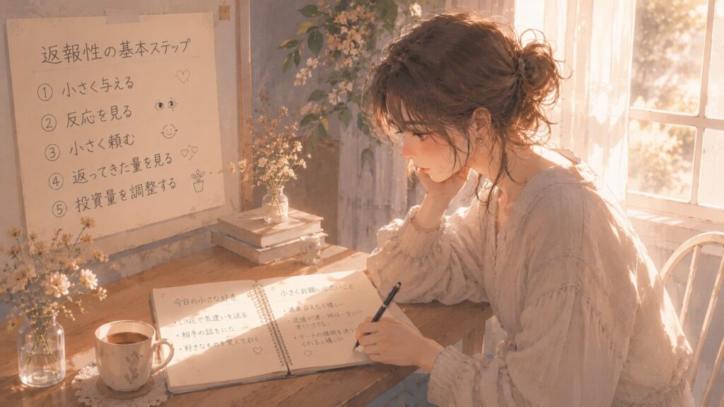 恋愛で返報性の原理を使う手順を整理しながら、ノートに気持ちを書き出す女性のイラスト