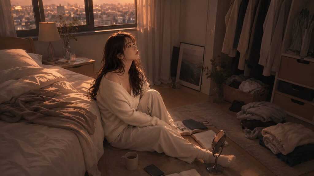 恋愛感情が冷めたのか生活の疲れなのか分からず、夕方の部屋で立ち止まる女性のイラスト