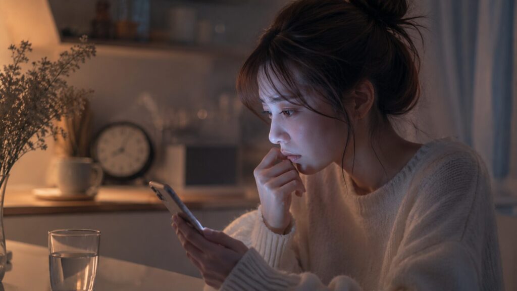 夜のキッチンでスマホを見つめながら彼氏への不安を反すうする女性のイラスト