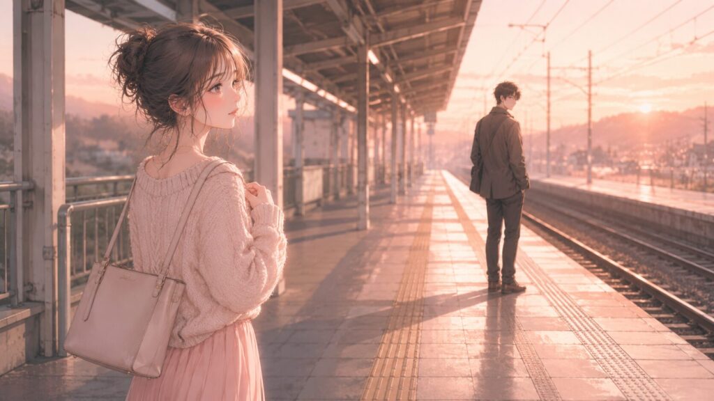 好きバレ後の脈あり脈なしを見極める場面として、駅のホームで男性との距離を見つめる女性のイラスト
