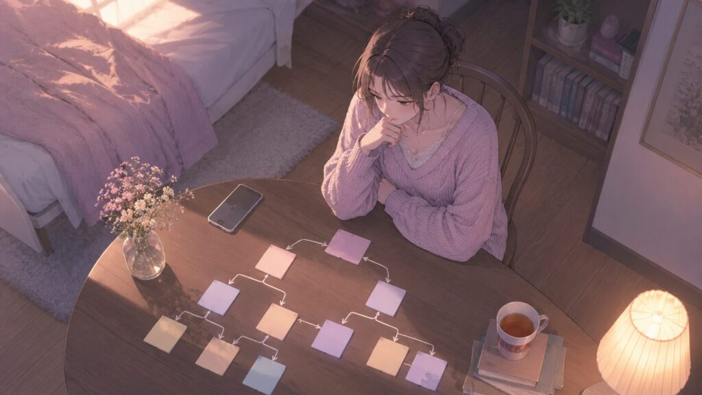 机の上に並べた付箋を見ながら、連絡がない夜の行動を整理する女性