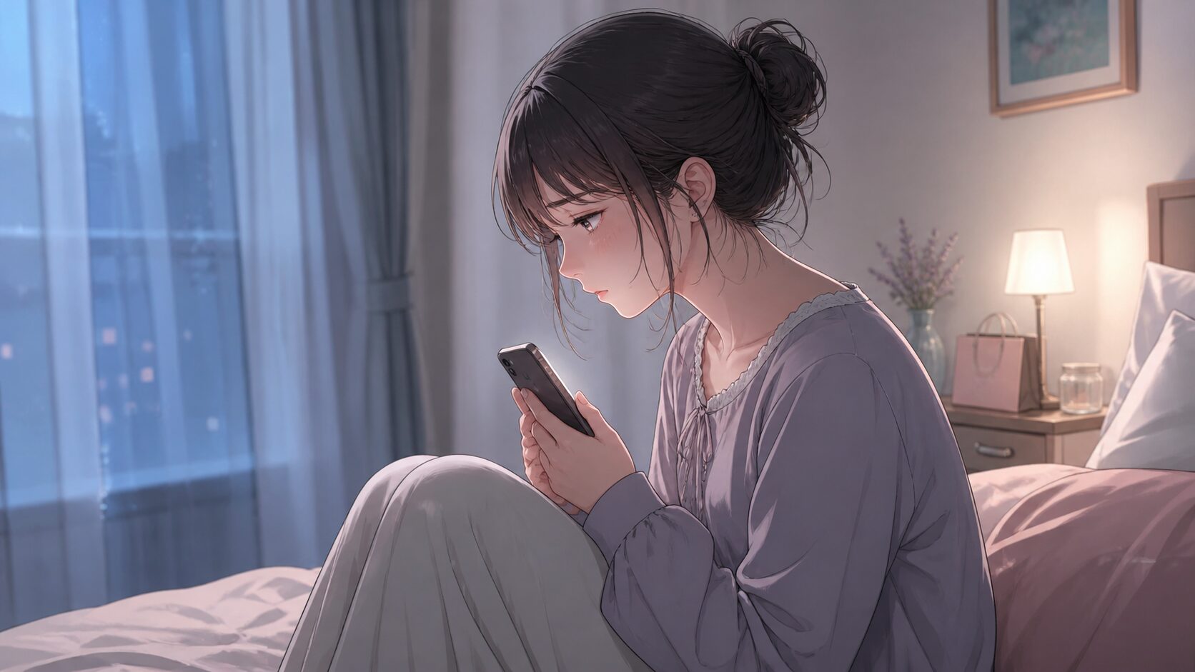 彼氏からの連絡を見て、好きだったはずなのに気持ちが引いてしまい戸惑う女性のイラスト